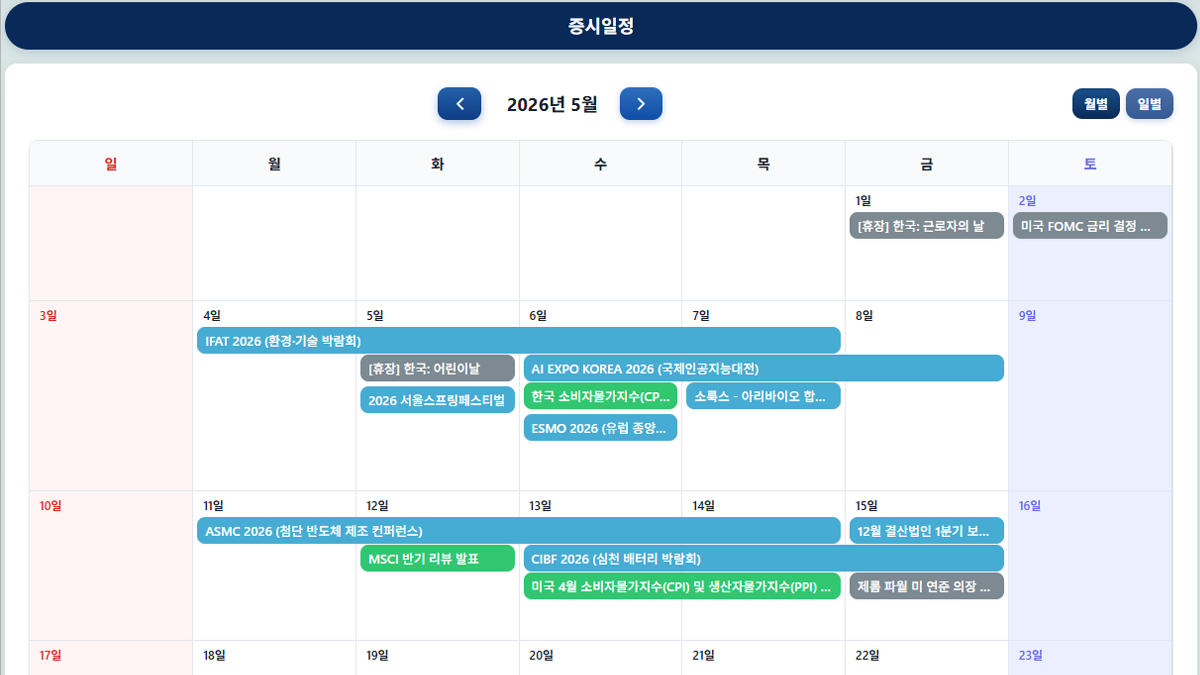 증시일정 화면